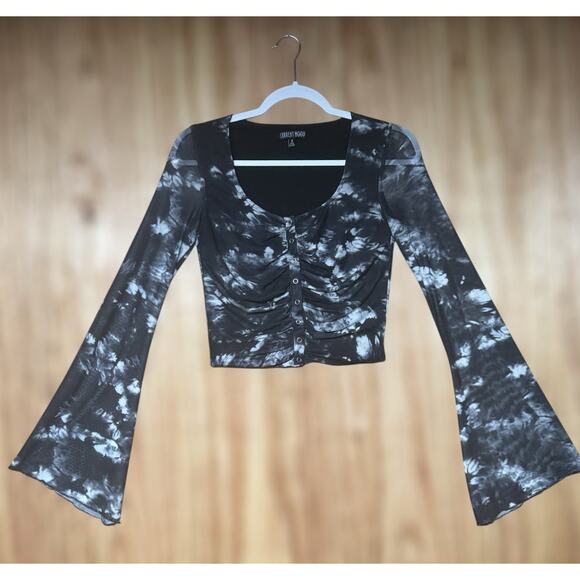 Current Mood Sz Small Black Mesh Bell Sleeve Ruched Button Front Top Grunge Goth - Picture 1 of 10